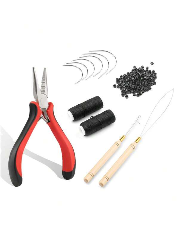 Micro-Ring Hair Extension Tool Kit: Micro-Ring Pliers, Loop Threader, Wire Bead Applicator, Includes 200pcs 5mm Invisible Hair Extensions & Sewing Thread, Professional Wig & Hair Extension Tools Hair Styling Tool Kit