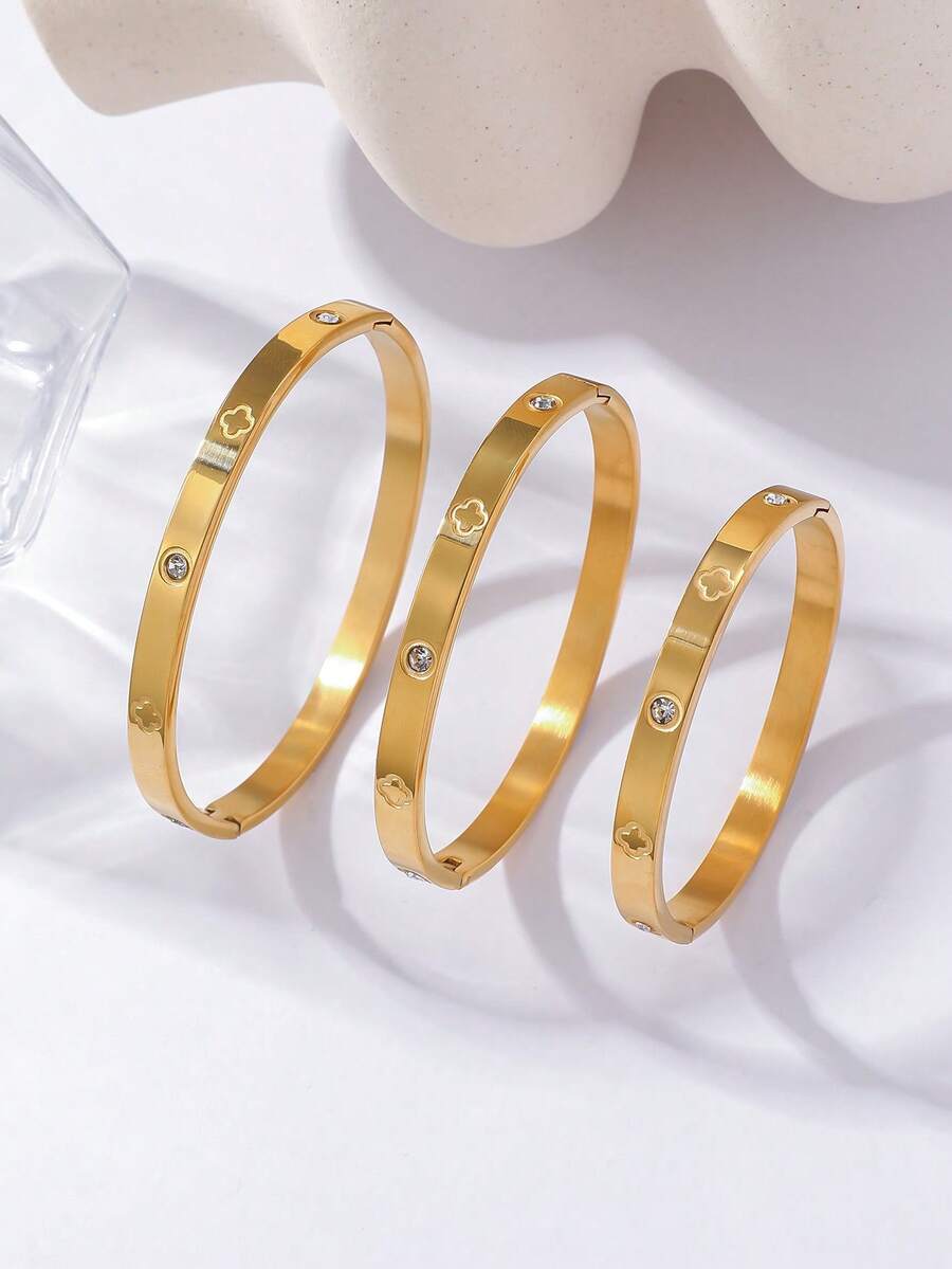 1pc Stainless Steel Bangle, Mirror Polished, Vacuum Plated, Non-Fading, Lucky Four-Leaf Clover, Classic Fashion Design, Suitable For Daily Wear. 3 Sizes Available, Family Set, Inner Diameter 6.4/6/5.2cm