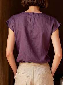 Tops de verano para mujer, nuevos diseños, elegantes y minimalistas, de uso casual y versátil, de unicolor, de manga corta, con cuello redondo, apropiados para ir a trabajar, citas, salidas, vacaciones y atuendos festivos - Rosa Fucsia - Ver 5