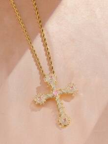 1pc Minimalist Vintage Cross Pink Zirconia Necklace, Clavicle Chain, Suitable For Christian Women Daily Wear Jewelry Accessory, Gift - Cross - View 5