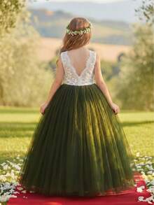 Tween Girl White Lace Patchwork Contrast Color Mesh Sleeveless Dress, Flower Girl Wedding Party Formal Gown - Dark Green - View 1