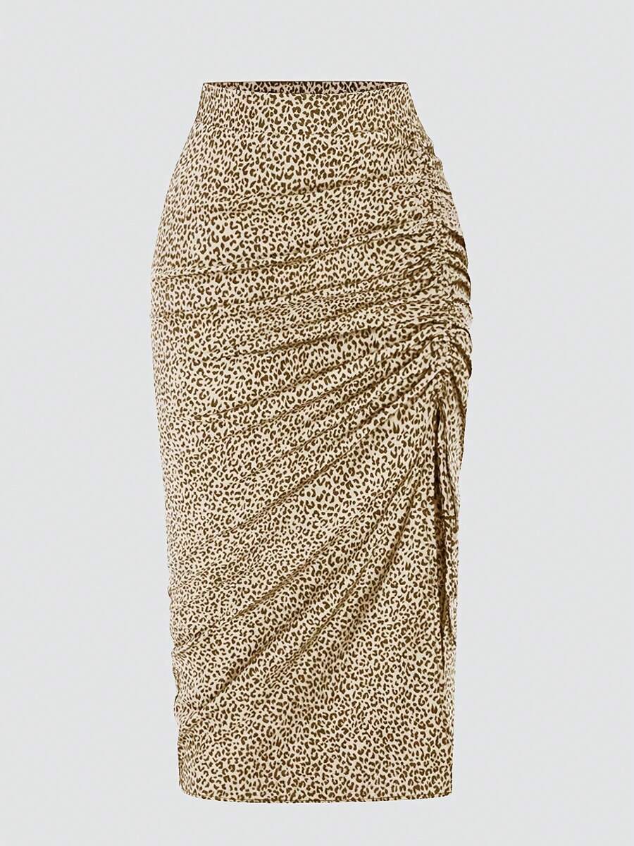 ASD1 Women's Leopard Print Random Cut Drawstring Skirt For Holiday Elegance - Apricot - View 1