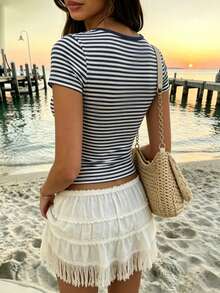 Women's Minimalist Retro Striped Short Sleeve T-Shirt - Multicolor - View 9