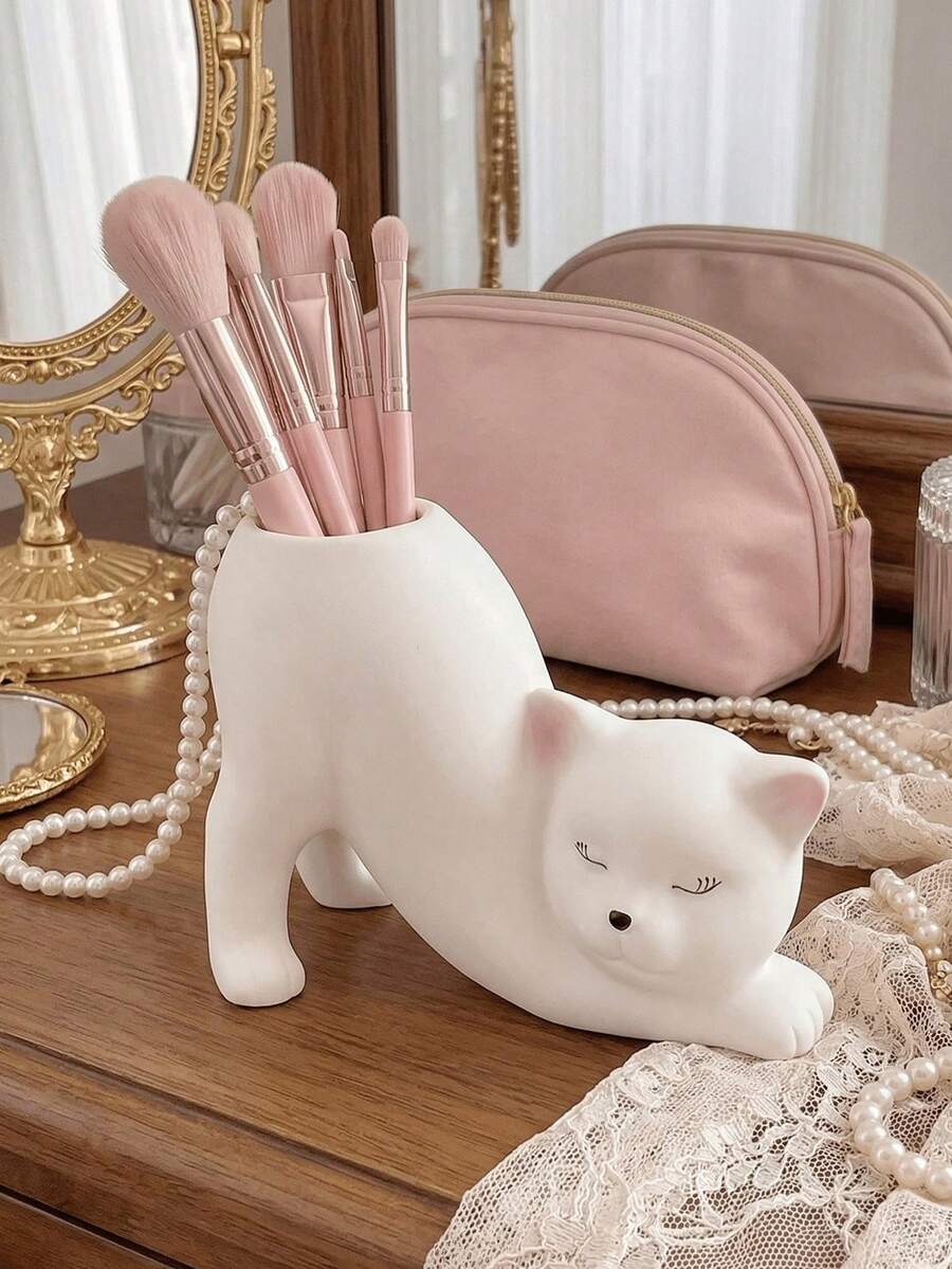 Cute Cat Makeup Brush Holder, Vanity Table Desktop Brush Storage Box, Aesthetic Cosmetic Organizer, Cute Cat Pen Holder For Office, Home Decor Cute Desktop Storage, Cat Lover Gift - Multicolor - View 1
