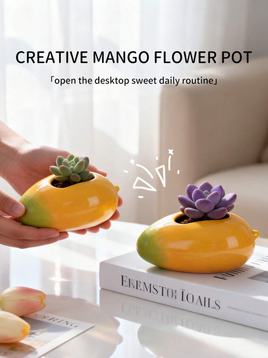1/2pcs Creative Mango Shaped Resin Succulent Planter, Mini Plant Container, Cute Fruit Design Indoor Home Decor Flower Pot