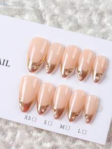 10 Móng giả thủ công màu vàng hạnh nhân, hiệu ứng gương ma thuật, đính ngọc trai 3D, kiểu Pháp, tinh tế, đơn giản và sang trọng, cao cấp. - Vàng - Xem 2