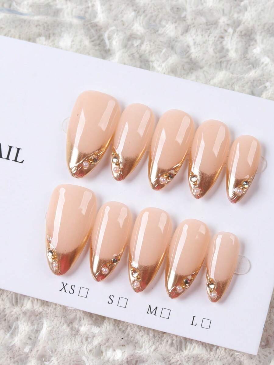 10pcs Handmade Almond Gold Mirror Powder French Pearl 3D Line Delicate Minimalist High-End False Nails - Gold - View 1