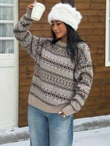 Plus Size Women's Vintage Fair Isle Pattern Sweater, Round Neck Long Sleeve Loose Fit, Casual Retro Autumn/Winter - Grey - View 5