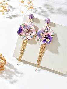1 Pair Beach Vacation Ins Style Fabric Floral Micro-Inlaid Transparent Rhinestone Tassel Earrings, Fashionable Sweet High-End Fabric Tassel Flower Earrings Suitable For Women's Daily, Vacation, Banquet Wear (Fabric Pattern Random) - Purple - View 3