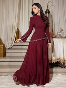 Women's Solid Color Mandarin Collar Asymmetrical Rhinestone Cuff Ruched Dress, Soft Fit & Flare Birthday Party Gown, Non-Stretch Wedding Spring - Burgundy - View 1