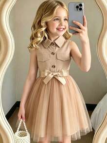 Young Girl' Solid Color Collared Sleeveless Mesh Dress With Woven Belt - Khaki - View 1