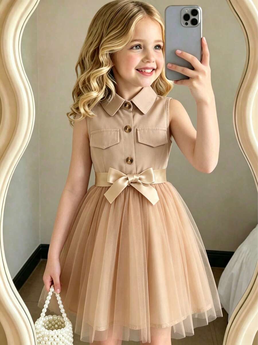 Young Girl' Solid Color Collared Sleeveless Mesh Dress With Woven Belt - Khaki - View 1