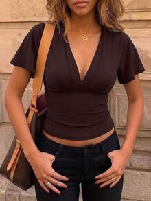 Áo croptop ngắn tay cánh dơi cổ chữ V màu nâu cho nữ, hàng mới về mùa hè. - Cà phê nâu - Xem 2