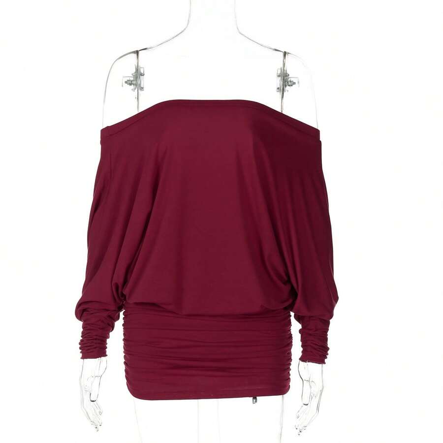 Vestido Bodycon Ajustado con Hombros Descubiertos y Diseño Fruncido, Estilo Sexy y Atractivo, Nueva Colección de Primavera para Mujer - Burdeos - Ver 1