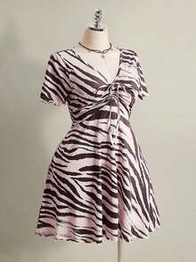 Vestido de manga corta con estampado de cebra, corte slim, tallas grandes, adecuado para el verano, vuelta al colegio, baile de graduación y otras ocasiones. - Multicolor - Ver 7