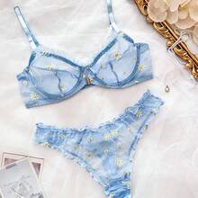 PetitDoll 2pcs/Set Romantic Embroidery Underwire Sexy Lingerie Set - 紫色 - 查看 2