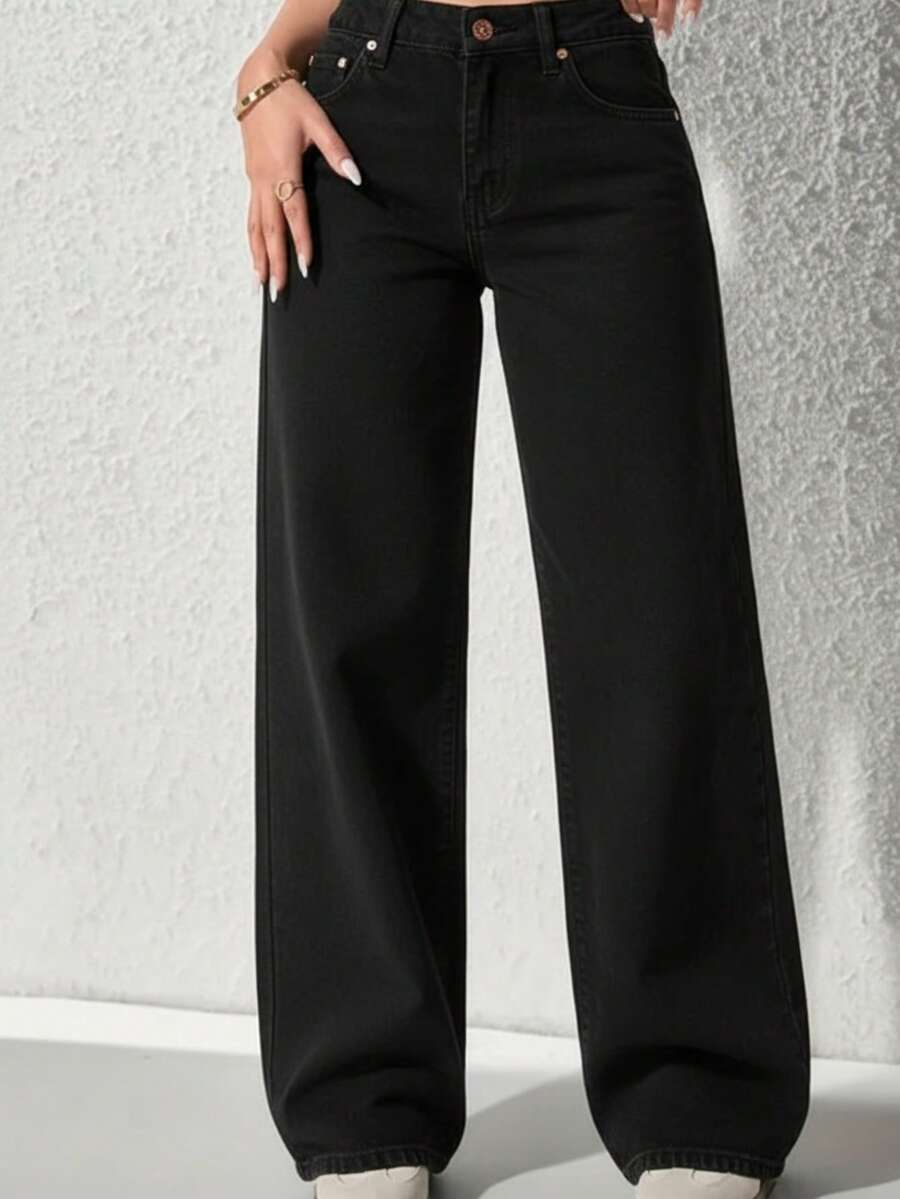 Women's Wide Leg Jeans, High Waist, No Lycra, Premium Style, Sophisticated, Comfortable, Elegant, Plus Size - 黑色 - 查看 1