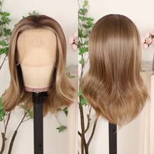 Glueless 13X4 Platinum Blonde Short Wave Lace Front Wig Pre Plucked Hairline Soft Bob Wavy Wigs 14 Inch Heat Resistant Ombre Blonde Colored Bob Wavy Synthetic Hair Replacement Wigs Breathable HD Lace 180% Density Wear And Go Wigs For Women Girls Daily & Party Use - 漸層棕色 - 查看 4