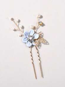 6pcs/Set Bridal Wedding Rhinestone Pearl Flower Alloy Leaf Hair Pin Set - 6 Light Blue - View 2