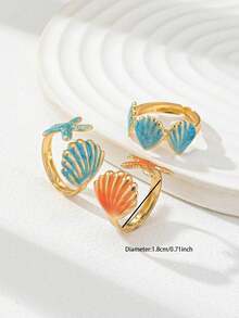3pcs/Set Starfish & Seashell Adjustable Open Ring Set, Gold-Plated Stackable Beach Statement Rings For Women, Summer Ocean Vacation Jewelry - Multicolor - View 3