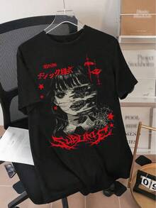 100% Cotton. Stylish Men's Printed T-Shirt. Men's Short-Sleeved Round Neck T-Shirt With Dark Anime Print. Stylish Streetwear Graphic Tee, Suitable For Casual Wear And Perfect For Everyday Outfits. Polyester Fiber, Heat Transfer Printing. A Summer Essential. - Black - View 1