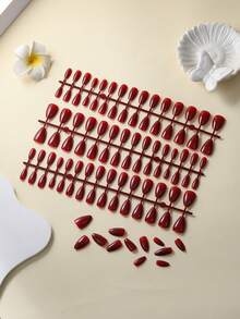 Conjunto de 150 adesivos de unhas em formato amêndoa na cor vermelho vinho, com design minimalista de manicure francesa. Encaixe perfeito. Adesivos de unhas em acrílico nas cores vinho e vermelho, ideais para o dia a dia, trabalho, férias e festas. - Borgonha - Ver 4