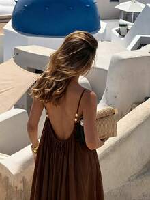 NOVELLE Women's Autumn Elegant Vacation Style Brown Spaghetti Strap Dress, Loose Casual Backless Maxi Dress, Suitable For Vacation, Dating And Party - Brown - View 7