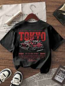 Short-Sleeved T-Shirt With A Round Neck, Minimalist And Fashionable Style, With A Fun Racing Car Print, Versatile And Suitable For Women, White Color - Black - View 2