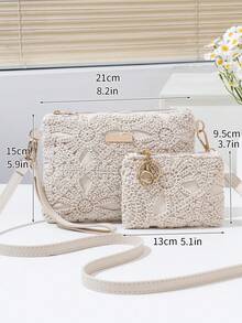 Bộ 2 món gồm ví nhỏ, túi xách đan rỗng họa tiết hoa, dây đeo vai điều chỉnh được, túi đeo vai & túi cầm tay thường ngày phong cách casual, trọng lượng nhẹ - Màu be - Xem 3