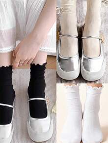 1 Pair White Thin Striped Ruffle Short Socks, High Elasticity Soft Breathable, Sweet Lolita Style, Perfect For Daily Casual Dating Lolita Outfits - Multicolor - View 15
