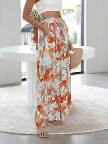 Women's Wide Leg Trousers With Elastic Waist And Print - Orange-red Flower - View 5