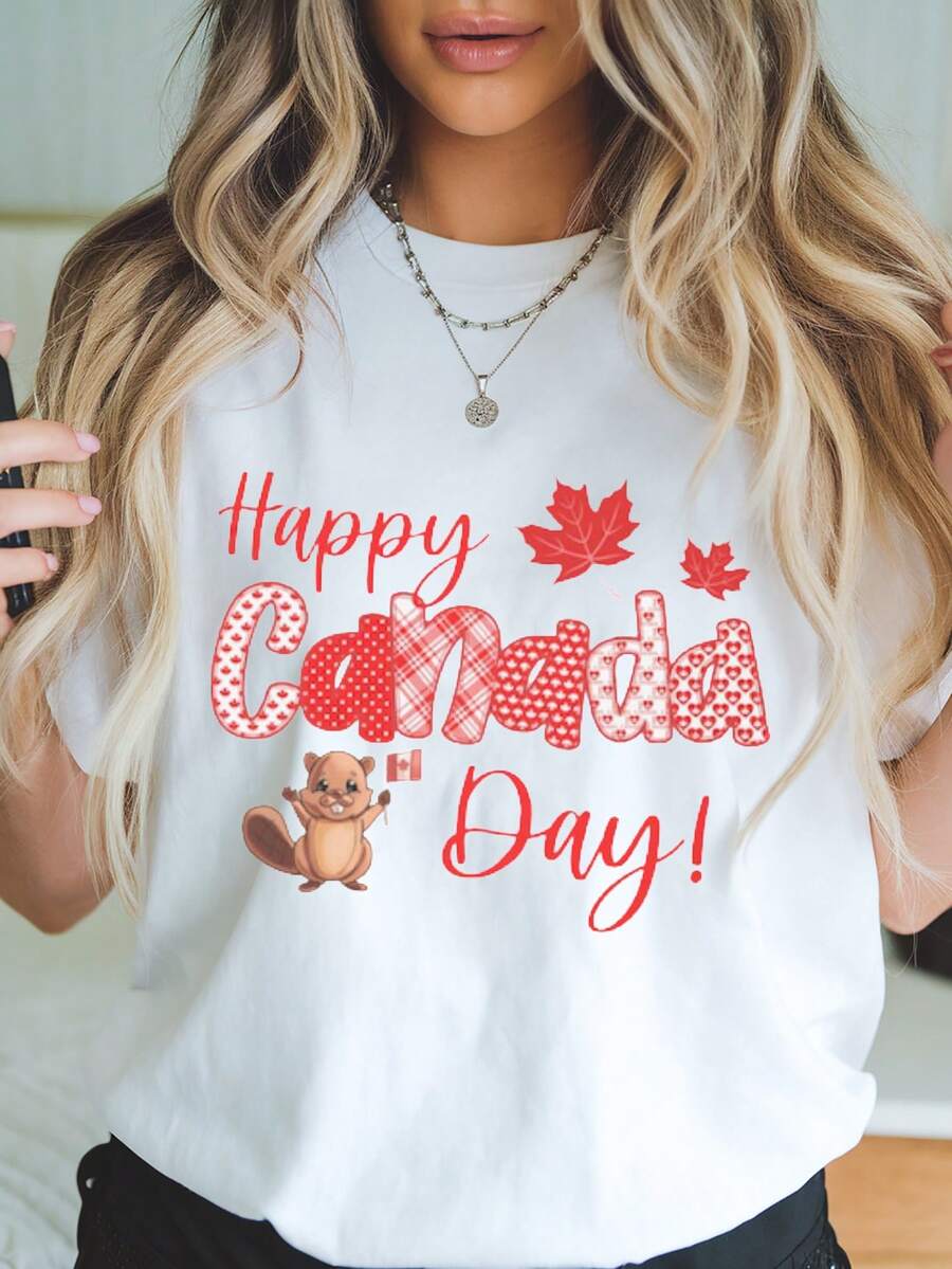 Fashionable One-Piece Set, Women's Canada-Themed T-Shirt - Maple Leaf And Beaver Design For Canada Day - Soft And Breathable Black Tee With Red Lettering - Rop - White - View 1