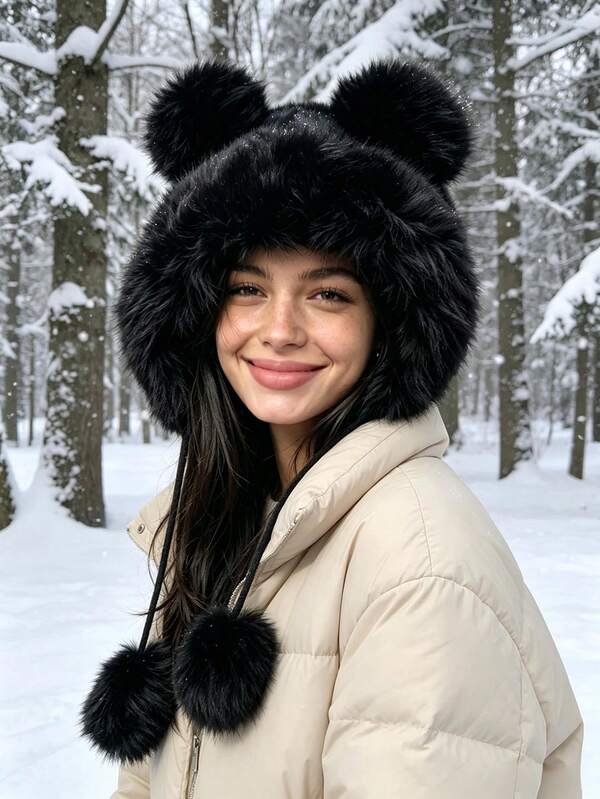 1pc Bear Plush Ear Flap Hat, Thick Warm Winter Headwear For Women, Cute Simple Solid Color Knit Cap, Suitable For Outdoor Wear
