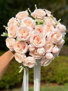 10-Inch Heart Crystal Bridal Bouquet, Lace Bow Silk Rose Wedding Ceremony Prop, Graduation Prom Gift - Multicolor - View 7