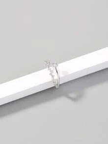 Nooxian 1pc Luxury Asymmetrical Arrangement Copper Zirconia Stone Adjustable Ring - Silver - View 3