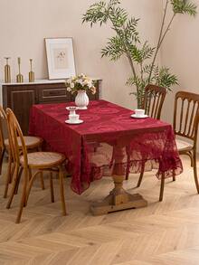1pc French Elegant Floral Lace Trim Tablecloth, Countryside Fresh Decor - Burgundy - View 1