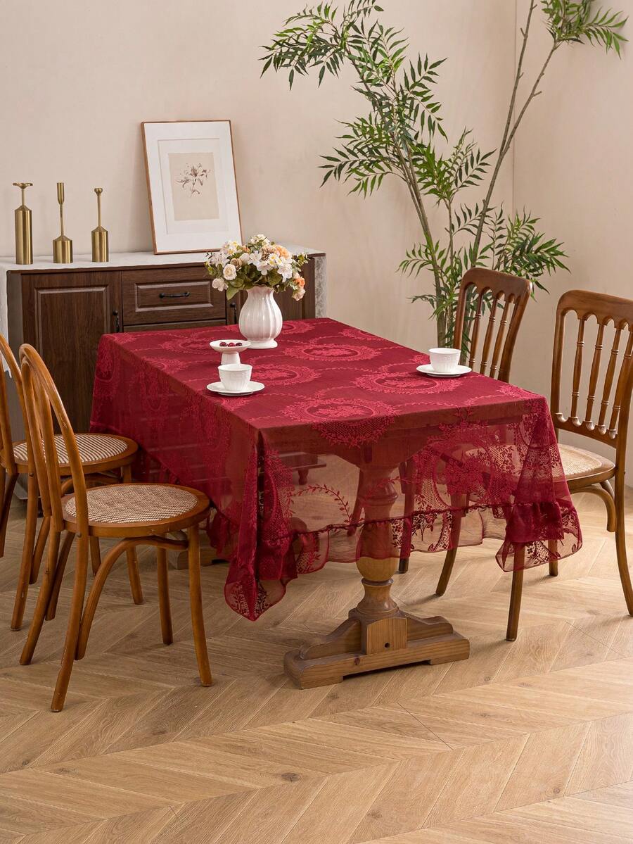 1pc French Elegant Floral Lace Trim Tablecloth, Countryside Fresh Decor - Burgundy - View 1