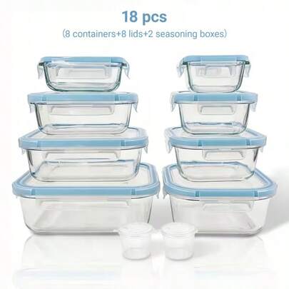 Stozle 18pcs (8 Lids + 8 Containers + 2 Spice Boxes) Sealed Glass Food Storage Gift Box Set, Perfect For Meal Preparation, Lunch-Sealed Storage | Durable Glass, Suitable For Birthday | Party | Holiday Gifts