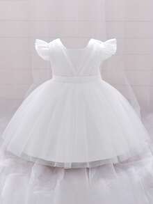 Baby Girls Mesh Back Bow Tutu Elegant Princess Flower Girl Dress, Suitable For Parties, Headband Not Included - White - View 3