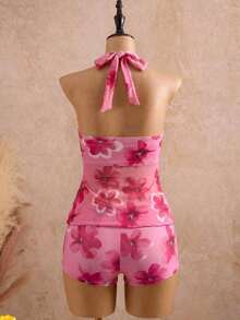 Bellisia Conjunto de traje de baño de dos piezas para mujer con top tankini de cuello halter con lazo y decoración metálica de unicolor y Bottom de bikini triangular, adecuado para vacacione - Multicolor - Ver 5