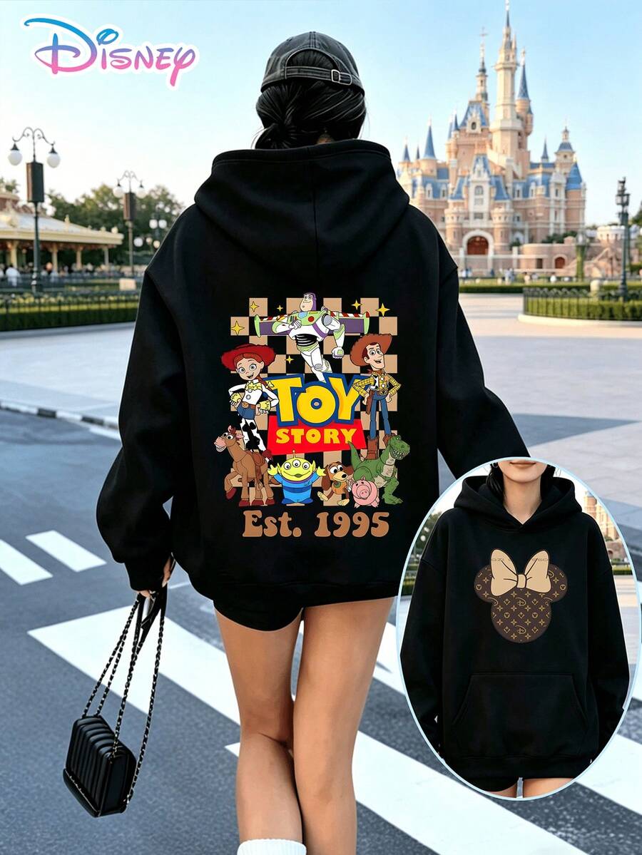 Disney Toy Story All-Character Print Oversized Hoodie, Fall/Winter Hoodie Fall/Winter Hoodie, Women's Hoodie,Fourth Of July,Disney Collaboration - 黑色 - 查看 1