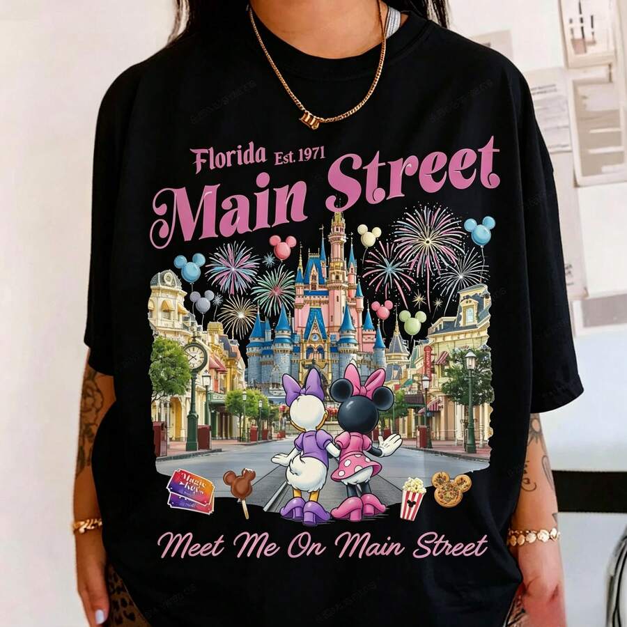 Disney "Meet Me On Main Street" Firework Castle Oversized T-Shirt Unisex, 100% Cotton Vintage Short Sleeve Casual Top, Magic Kingdom Besties Graphic Print Tee - màu đen - Xem 1