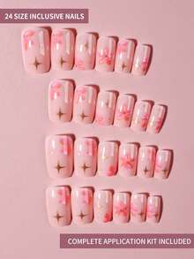 24pcs Summer Floral Design French Press-On Nails, Star Pattern Short Acrylic Fake Nails Set, Includes: 1pc Jelly Gel And 1pc Nail File - Multicolor - View 2