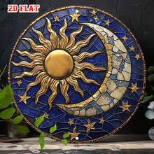 2D Flat - One-Piece 2D Flat Moon Theme Decorative Sign, Circular Design, Sun Shaped Plaque, Rustic Metal Wall Art With Stars, Suitable For Home, Garage, Restaurant Or Cafe Wall Decor - A - View 6