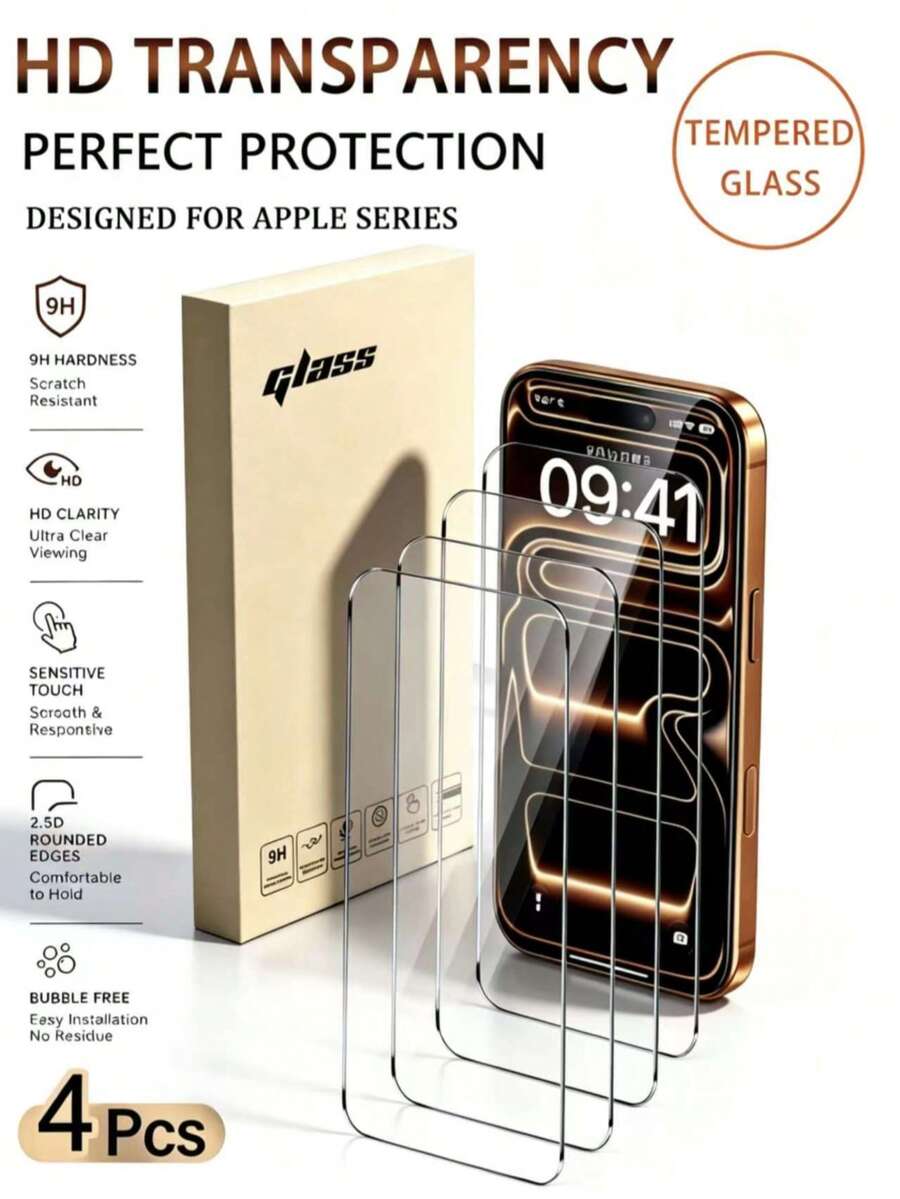 4片裝強化玻璃螢幕保護貼，適用於 iPhone 17 Pro Plus/17 Pro Max/17/17 Air/16 Pro Max/16/15 Pro Max/15/14 Pro Max/14/13/12/11，日常辦公與居家使用必備，防水、防震、防刮、防指紋，全螢幕覆蓋，父親節送禮佳品