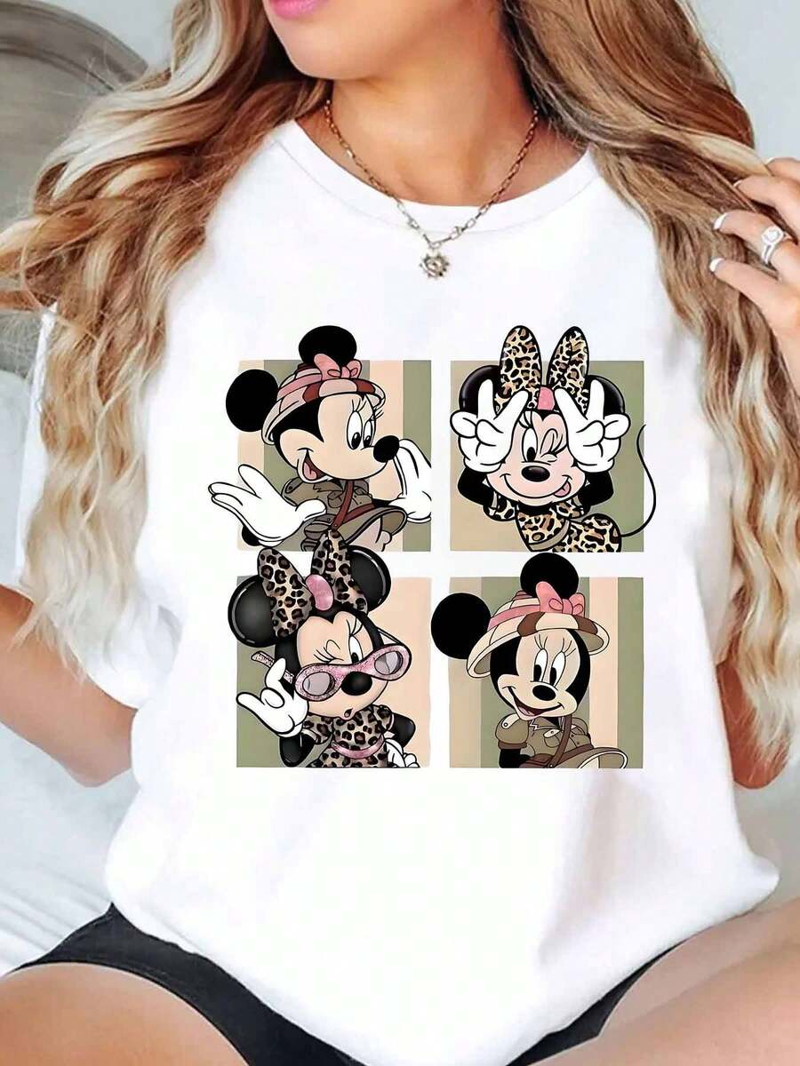 Minnie Mouse Leopard Print Cartoon Character Design Disney Women T Shirt Round Neck Short Sleeve Casual Daily Wear Summer Outfit Soft Comfortable 220g - 白色 - 查看 1