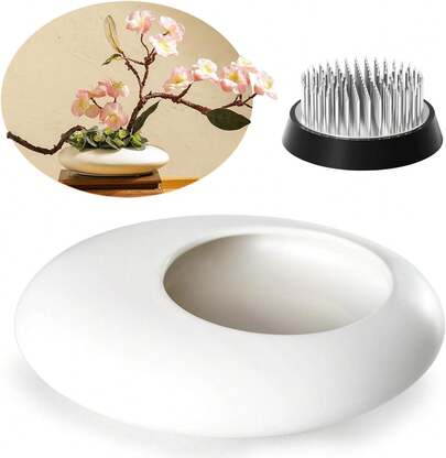 Kit de jarrón de cerámica con inspiración japonesa Ikebana, tazón con forma de guijarro para arreglos florales con soporte de 2 pulgadas para tallos de flores (Blanco)