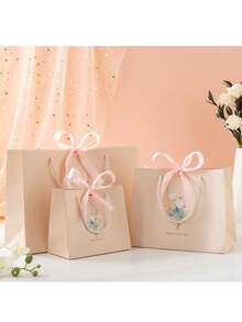 1/5PCSins Floral Print Gift Tote Bags, Pink Bow Favor Bags, Multiple Sizes Holiday Gift Packaging Paper Bags - Multicolor - View 2