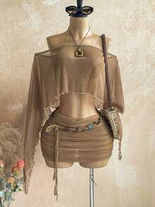 Nuevo conjunto sexy de fiesta con parte superior suelta asimétrica de hombro con lentejuelas doradas transparentes y falda mini fruncida de cintura baja, estilo bohemio, de vacaciones, vintage, para la playa, crucero - Caqui - Ver 5