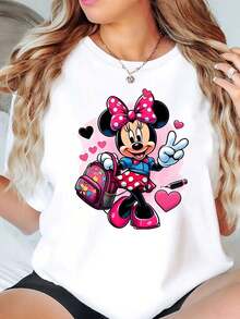 Minnie Mouse With Pink Backpack And Hearts Print Disney Women T Shirt Round Neck Short Sleeve Casual Daily Wear Valentine's Day Soft Comfortable 220g - trắng - Xem 1